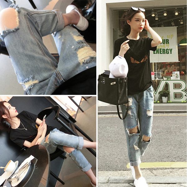 Summer 2021 new Korean version ripped nine points tide loose Korean version student pants versatile new jeans women - Image 4