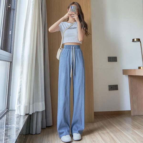 Ice Silk Jeans Women's Summer Thin High Waist Sagging Large Size Fat mm Slim Straight Tube Loose Tencel Wide Leg Pants - Image 6