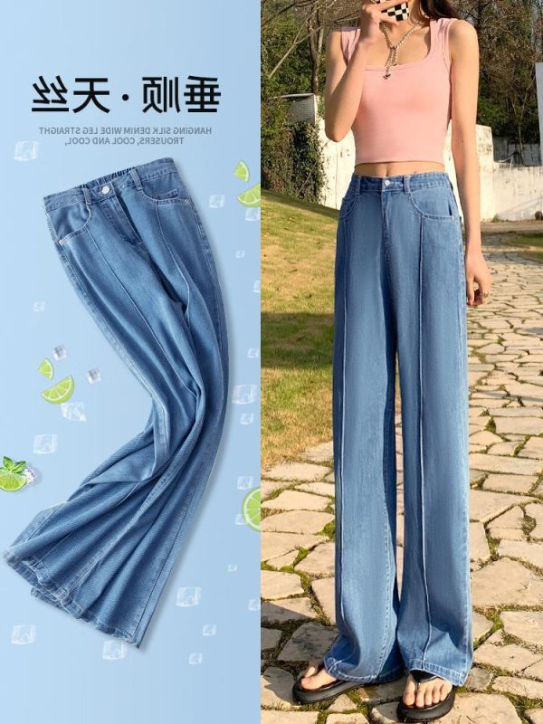 Ice Silk Jeans Women's Summer Thin High Waist Sagging Large Size Fat mm Slim Straight Tube Loose Tencel Wide Leg Pants - Image 4