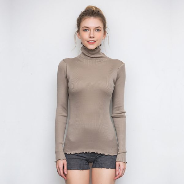 Knitted silk top half turtleneck wholesale long sleeve sweater wood ear mulberry silk undershirt women's ruffle spring - Image 2