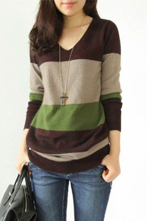 New V-neck knit women's striped midi knit pullover over-sized loose sweater - Image 3