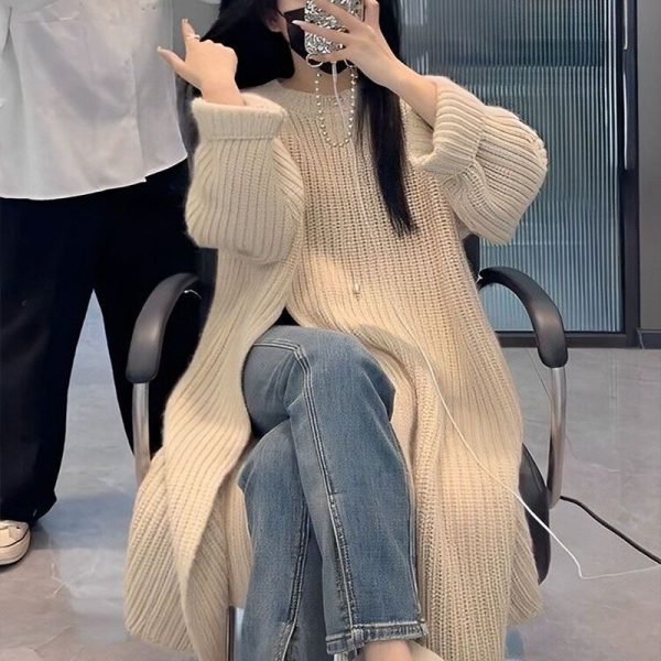 Fall languid crewneck pullover knit dress for women to loosely appear slim over the knee midi side split sweater - Image 2