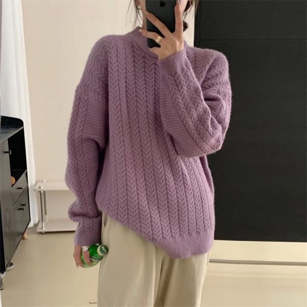 Japanese soft waxy crewneck twist pullover sweater women's top autumn and winter new retro languid high-end knitwear women's clothing - Image 3