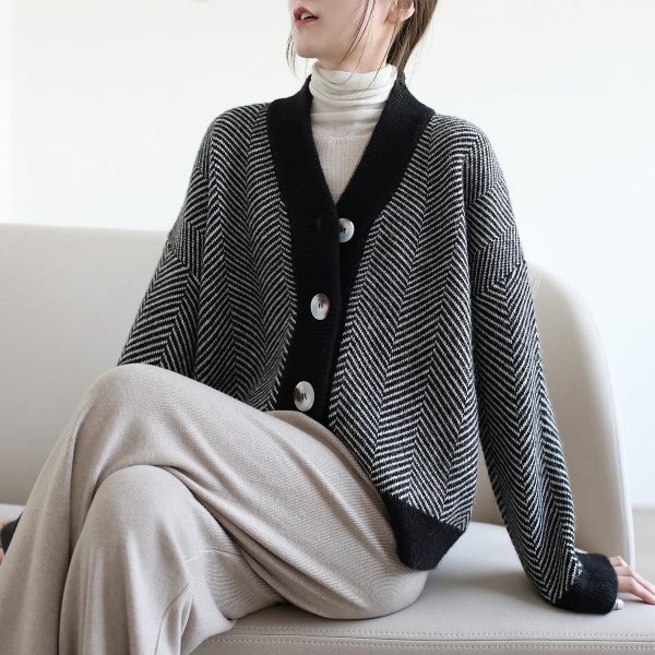 Japanese vintage autumn/winter knitted cardigan women's striped languid V-neck loose jacket with thick thick thread over sweater - Image 2