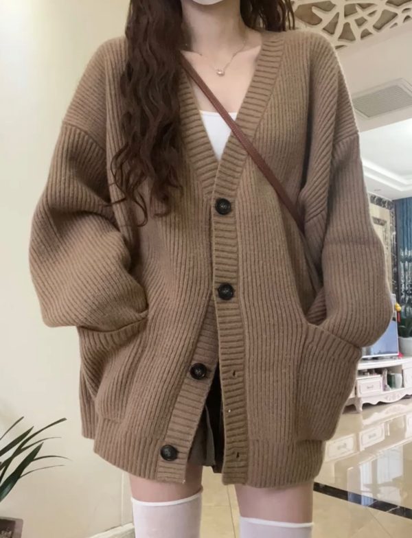 Korean version V-neck lazy style cardigan 2023 new Japanese simple sweater women's autumn and winter casual loose knitted jacket - Image 8