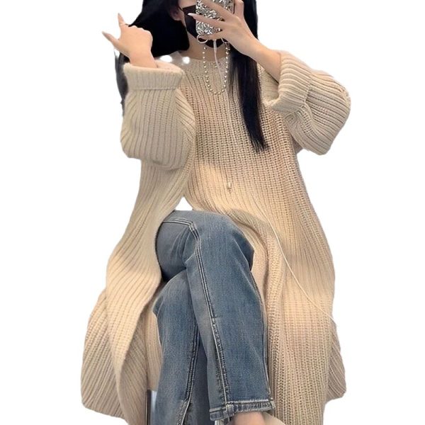 Fall languid crewneck pullover knit dress for women to loosely appear slim over the knee midi side split sweater - Image 5
