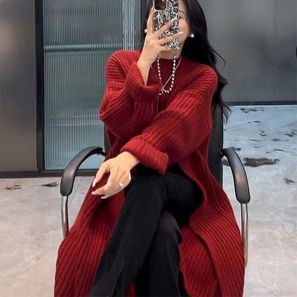 Fall languid crewneck pullover knit dress for women to loosely appear slim over the knee midi side split sweater - Image 3