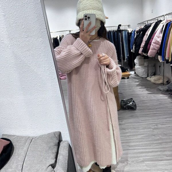 Fall languid crewneck pullover knit dress for women to loosely appear slim over the knee midi side split sweater - Image 4
