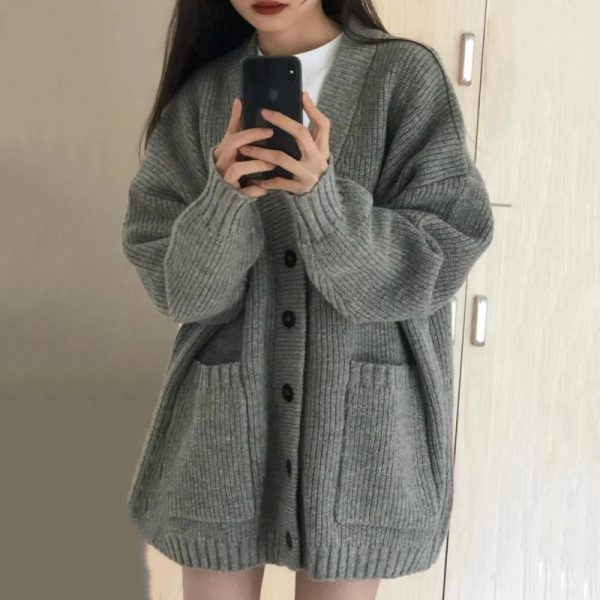 Korean version V-neck lazy style cardigan 2023 new Japanese simple sweater women's autumn and winter casual loose knitted jacket - Image 6