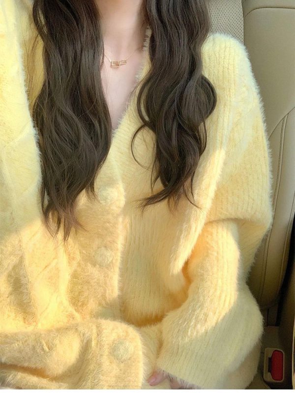 Goose yellow soft glutinous design sweater jacket women's autumn and winter gentle lazy style Korean imitation mink knitted cardigan - Image 4