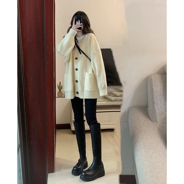 Korean version V-neck lazy style cardigan 2023 new Japanese simple sweater women's autumn and winter casual loose knitted jacket - Image 9