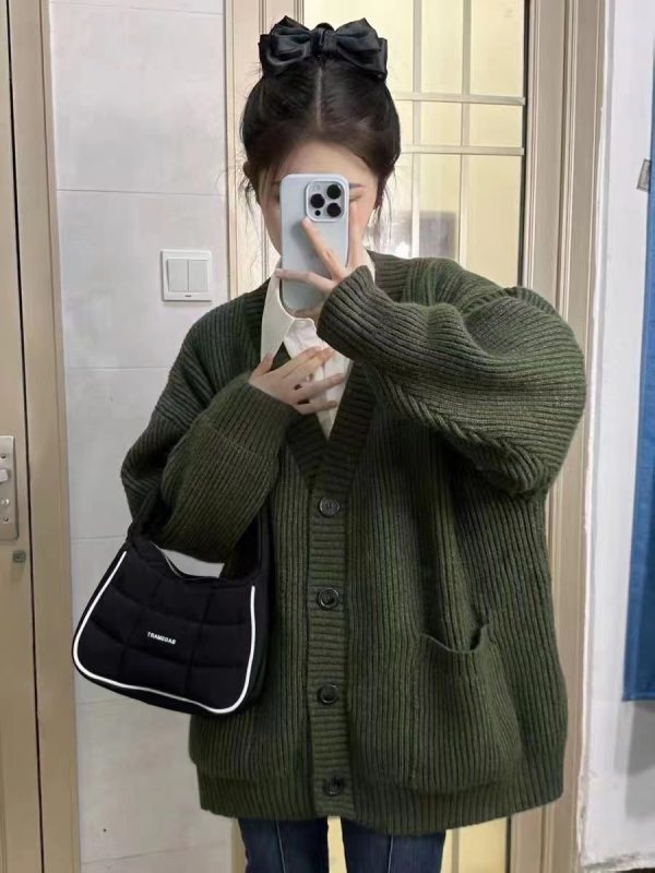 Korean version V-neck lazy style cardigan 2023 new Japanese simple sweater women's autumn and winter casual loose knitted jacket - Image 7