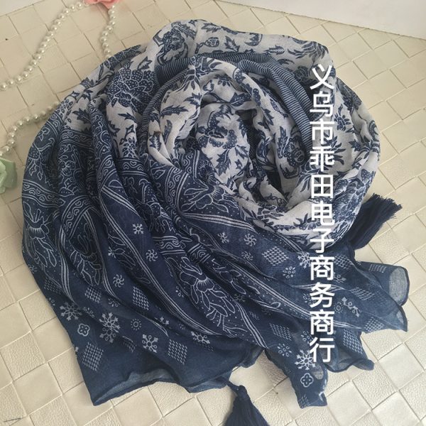 Literary cotton and linen scarf, blue and white porcelain element scarf, blue ethnic style scarf, silk scarf, thin spring and summer shawl - Image 4