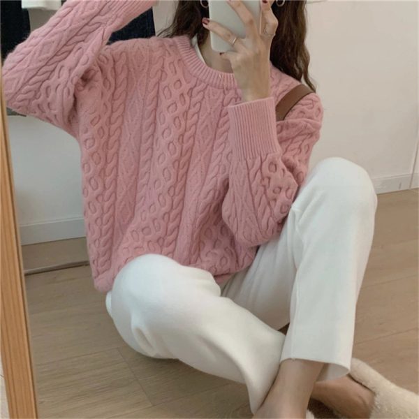 Solid color twist sweater, women's underneath, autumn and winter sweater, new loose pullover, round neck, solid color knit sweater, top - Image 6
