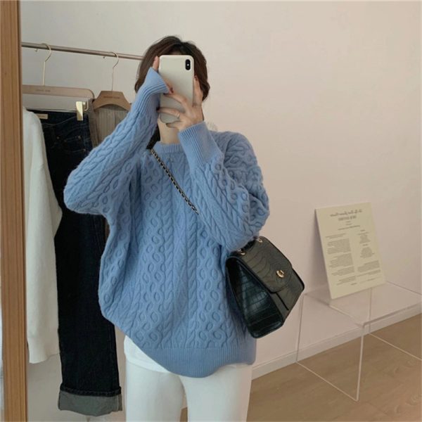 Solid color twist sweater, women's underneath, autumn and winter sweater, new loose pullover, round neck, solid color knit sweater, top - Image 2