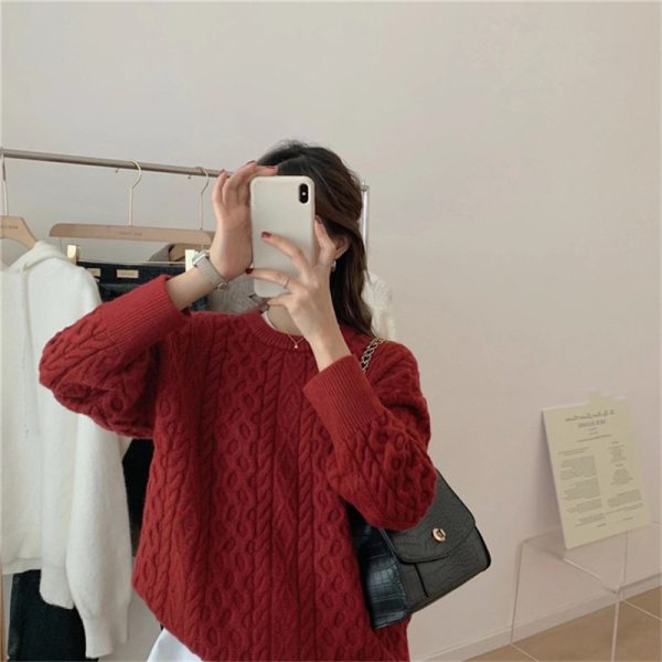 Solid color twist sweater, women's underneath, autumn and winter sweater, new loose pullover, round neck, solid color knit sweater, top - Image 4