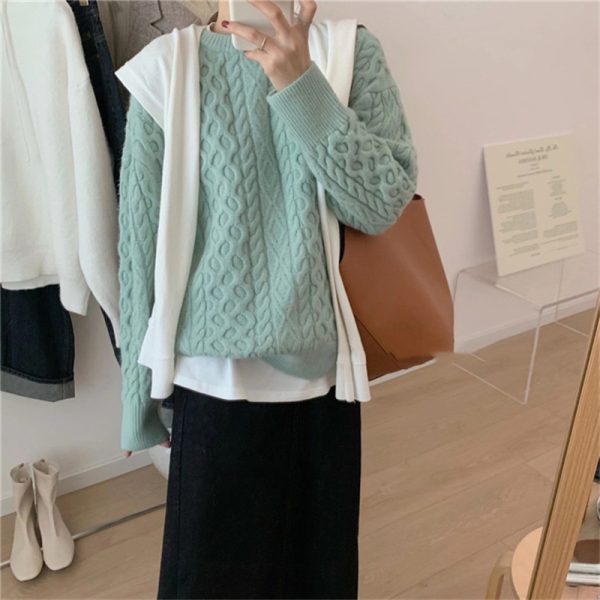 Solid color twist sweater, women's underneath, autumn and winter sweater, new loose pullover, round neck, solid color knit sweater, top - Image 3