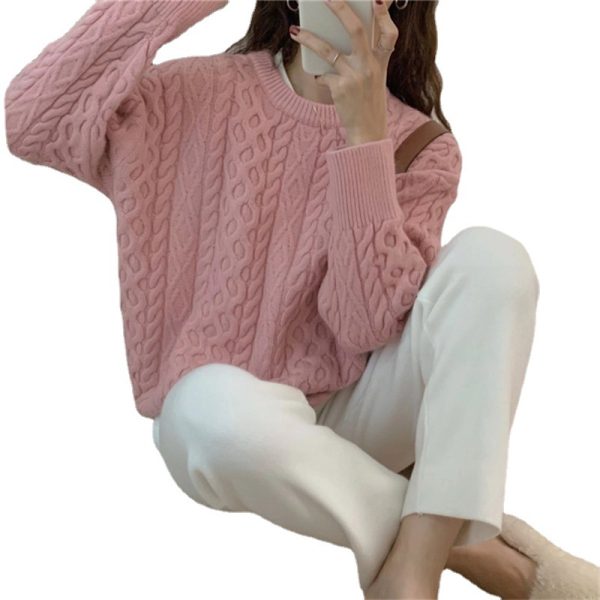 Solid color twist sweater, women's underneath, autumn and winter sweater, new loose pullover, round neck, solid color knit sweater, top - Image 5