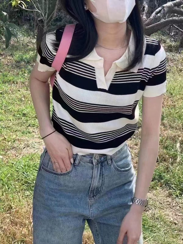 转运商品-2023夏季新款POLO针织衫条纹短袖t恤女复古翻领短款高腰针织上衣 - Image 6