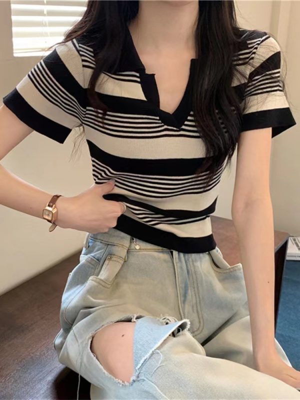 转运商品-2023夏季新款POLO针织衫条纹短袖t恤女复古翻领短款高腰针织上衣 - Image 7