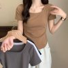 2024夏季设计感小众纯欲风甜辣妹u领正肩短袖t恤女不规则短款上衣