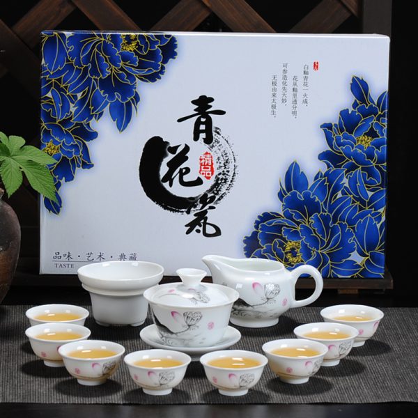 Factory direct sales kung fu tea set ceramic teacup white porcelain whole set blue and white teacup gaiwan tea set can be used as logo - Image 2