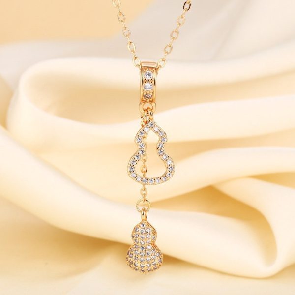 Real gold-plated full diamond mother-of-pearl gourd necklace women's double gourd pendant Korean niche design fashion Internet celebrity clavicle chain - Image 4