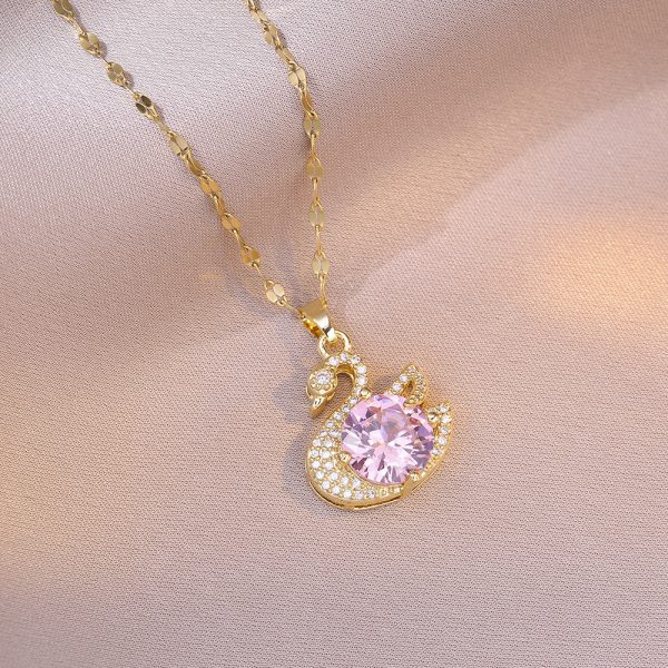 自采备货Necklace women's cross-border Internet celebrity swan pink fashion zircon niche new design pendant temperament titanium steel necklace - Image 2