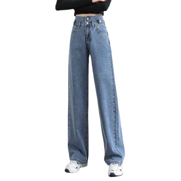 供应商10元Wide-leg jeans women's straight-leg loose spring new high-waisted slim micro-flared cropped buttoned daddy mop trousers - Image 5