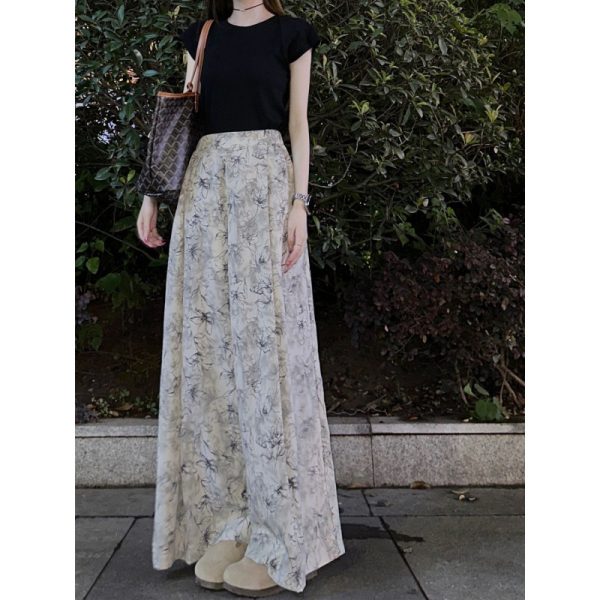 Tall and elongated summer new loose wide leg pants for women, with a high waist and a hanging sensation. Straight tube ink printed floor length casual pants - Image 3