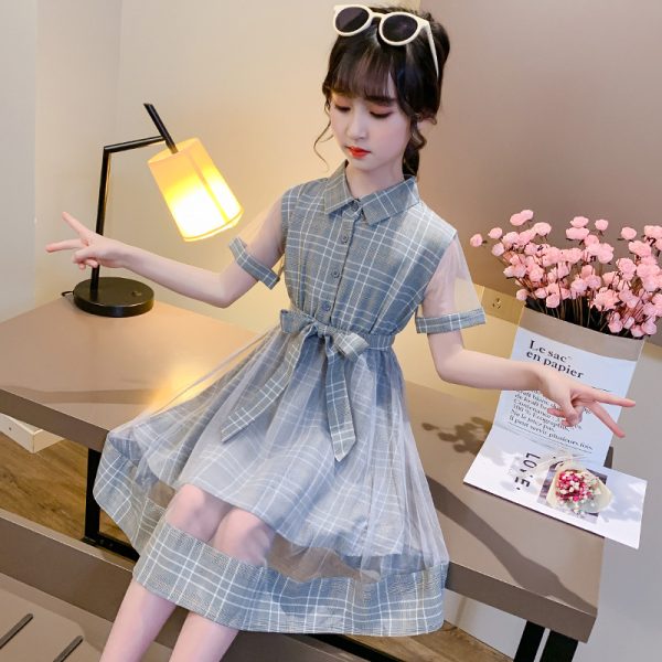 Girls Plaid Dress Summer Dress 2025 New Korean Version Children's Summer Mesh Skirt Girls Big Boy Foreign Style Long Skirt