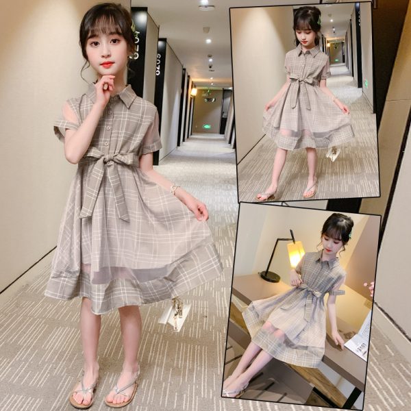 Girls Plaid Dress Summer Dress 2025 New Korean Version Children's Summer Mesh Skirt Girls Big Boy Foreign Style Long Skirt - Image 3