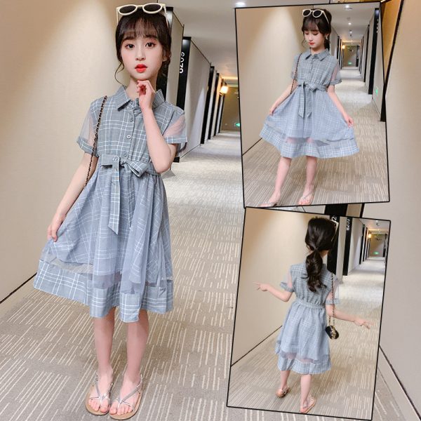 Girls Plaid Dress Summer Dress 2025 New Korean Version Children's Summer Mesh Skirt Girls Big Boy Foreign Style Long Skirt - Image 4
