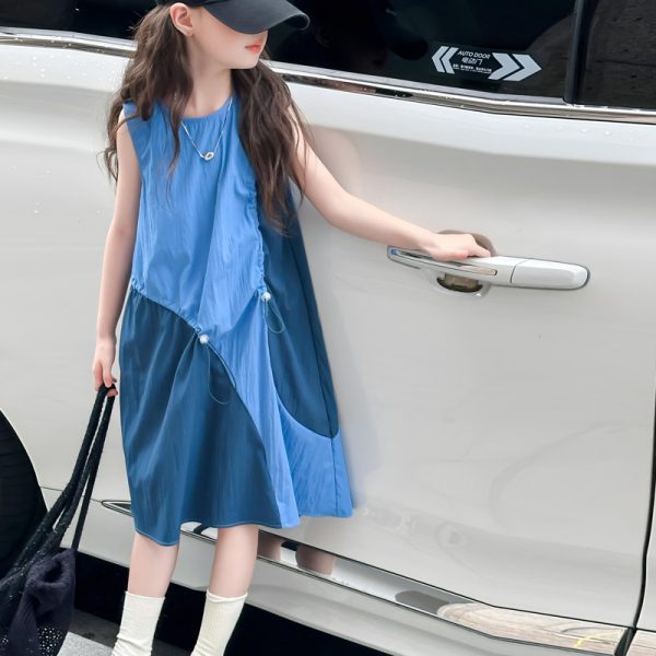 Girls summer blue patchwork dress 2024 new fashion foreign style middle and big kids drawstring sleeveless vest skirt