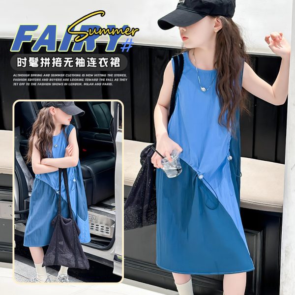 Girls summer blue patchwork dress 2024 new fashion foreign style middle and big kids drawstring sleeveless vest skirt - Image 2