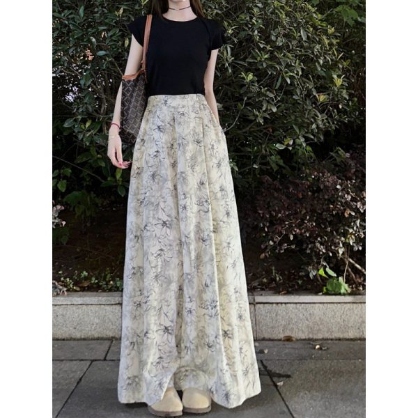 Tall lengthened summer new loose wide-leg pants women's high-waisted draped straight ink print mopping slacks