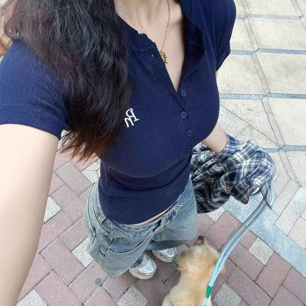 INA Pure Desire Sexy Retro Button Embroidered Short Sleeve T-shirt for Women's Summer New Style Slimming and slimming Versatile Top for Women's Trendy - Image 4