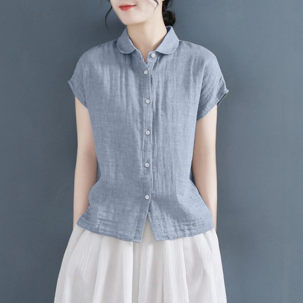 夏季polo领设计感棉麻短袖衬衫女宽松小飞袖棉麻衬衣大码亚麻上衣 - Image 4