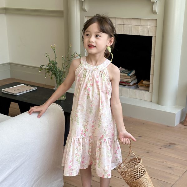 Aimo Bebe Children's French Temperament Princess Dress Summer Dress Girl Sweet Pink Flower Backless Halterneck Dress - Image 2
