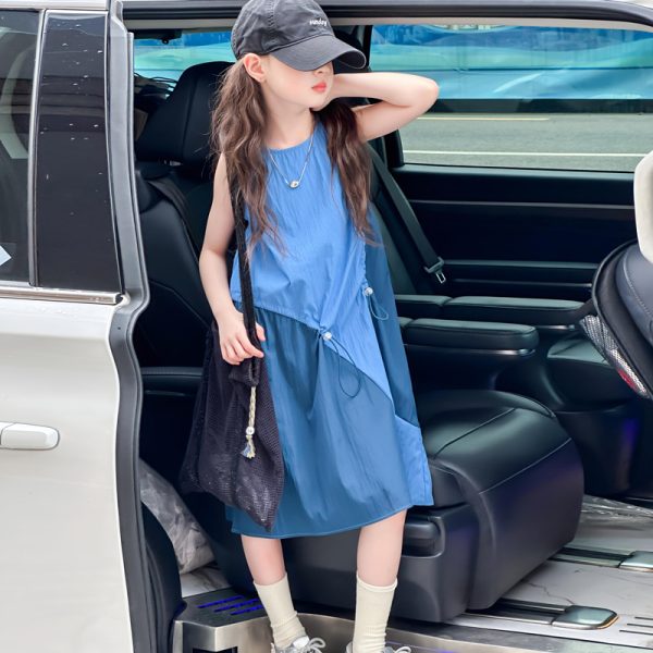 Girls summer blue patchwork dress 2024 new fashion foreign style middle and big kids drawstring sleeveless vest skirt - Image 4