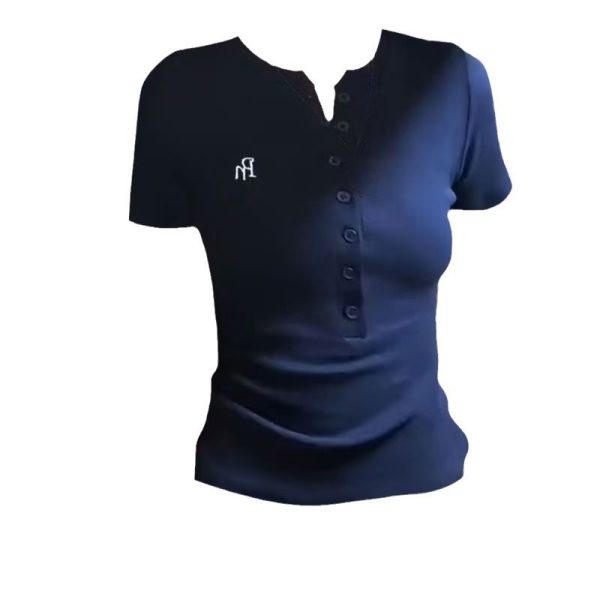 INA Pure Desire Sexy Retro Button Embroidered Short Sleeve T-shirt for Women's Summer New Style Slimming and slimming Versatile Top for Women's Trendy - Image 5