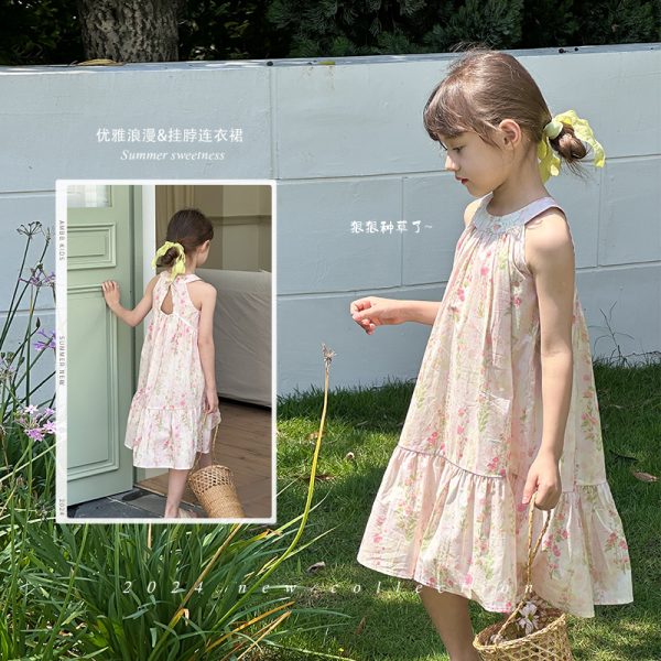 Aimo Bebe Children's French Temperament Princess Dress Summer Dress Girl Sweet Pink Flower Backless Halterneck Dress