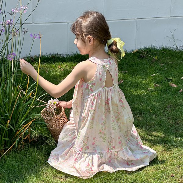 Aimo Bebe Children's French Temperament Princess Dress Summer Dress Girl Sweet Pink Flower Backless Halterneck Dress - Image 4