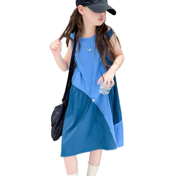 Girls summer blue patchwork dress 2024 new fashion foreign style middle and big kids drawstring sleeveless vest skirt - Image 5