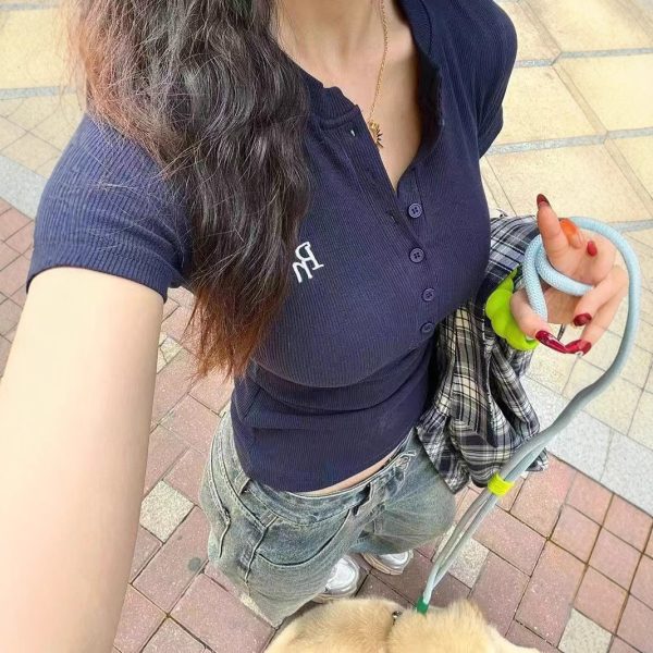 INA Pure Desire Sexy Retro Button Embroidered Short Sleeve T-shirt for Women's Summer New Style Slimming and slimming Versatile Top for Women's Trendy - Image 3