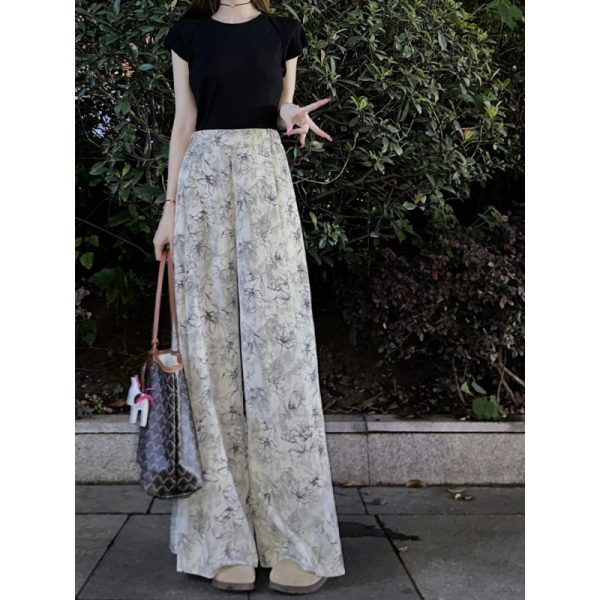 Tall lengthened summer new loose wide-leg pants women's high-waisted draped straight ink print mopping slacks - Image 4