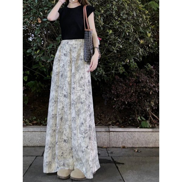 Tall lengthened summer new loose wide-leg pants women's high-waisted draped straight ink print mopping slacks - Image 5