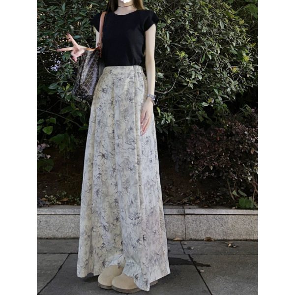 Tall lengthened summer new loose wide-leg pants women's high-waisted draped straight ink print mopping slacks - Image 2