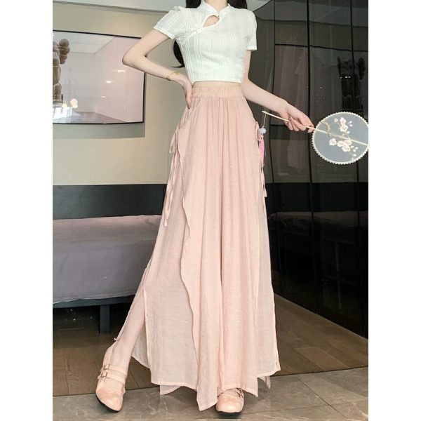 Chic high waisted new Chinese style casual pants for women in summer 2025 new style with loose straps and wide legs, slimming and gentle style skirt pants
