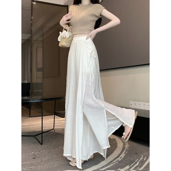 Chic high waisted new Chinese style casual pants for women in summer 2025 new style with loose straps and wide legs, slimming and gentle style skirt pants - 图片 2